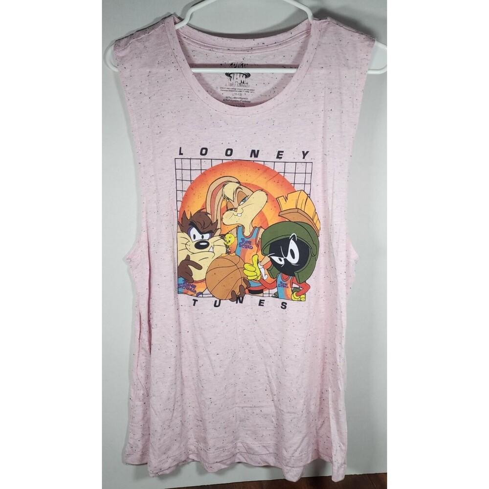 Space Jam Looney Toons Sleeveless T-Shirt Pink Speckled Cartoon Size Large